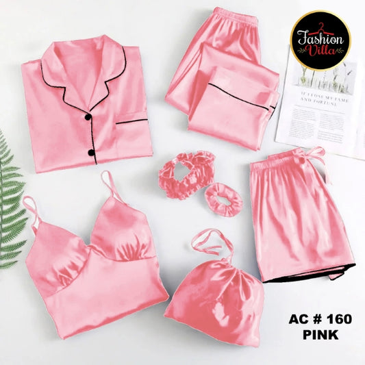 7pcs Silk Night Suit - Pink