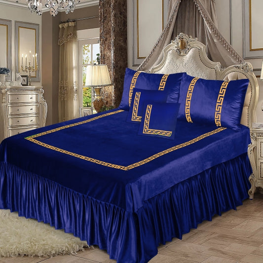 5pcs Luxury Velvet Laser Applique Bedsheet Set - BLUE