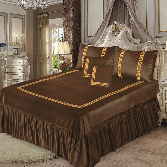 5pcs Luxury Velvet Laser Applique Bedsheet Set - Dark Brown