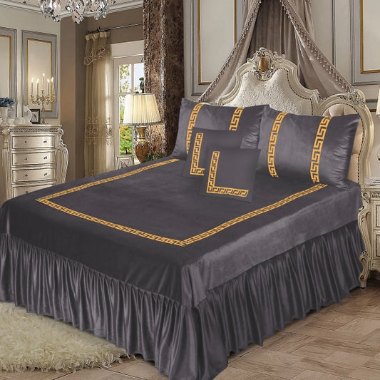 5pcs Luxury Velvet Laser Applique Bedsheet Set - Grey