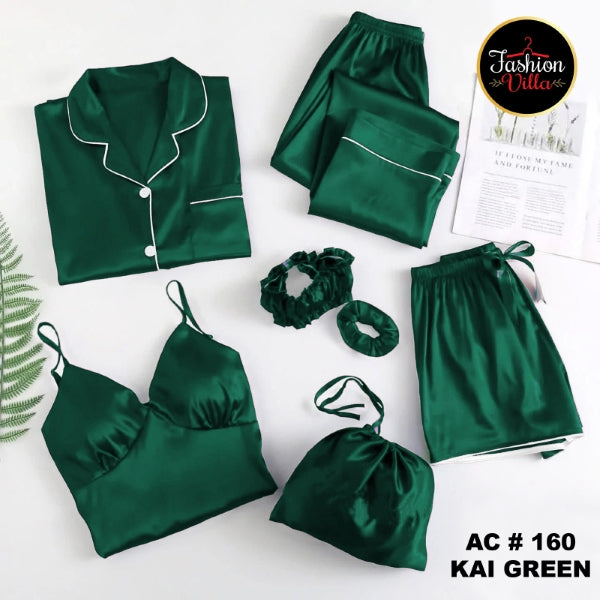 7pcs Silk Night Suit - Kai Green