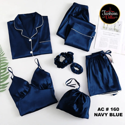 7pcs Silk Night Suit - Navy Blue