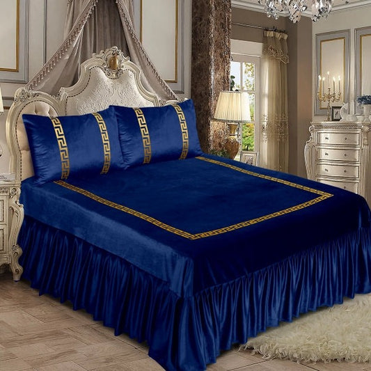 3pcs Luxury Velvet Laser Applique Bedsheet Set - Dark Blue