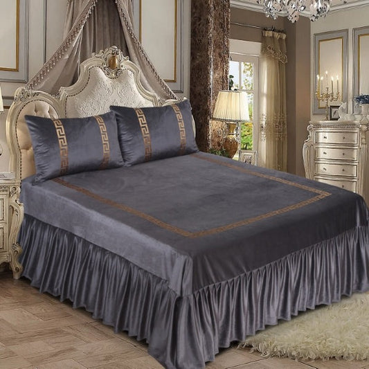 3pcs Luxury Velvet Laser Applique Bedsheet Set - Grey