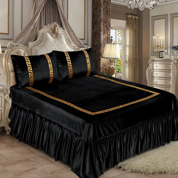 3pcs Luxury Velvet Laser Applique Bedsheet Set - Black