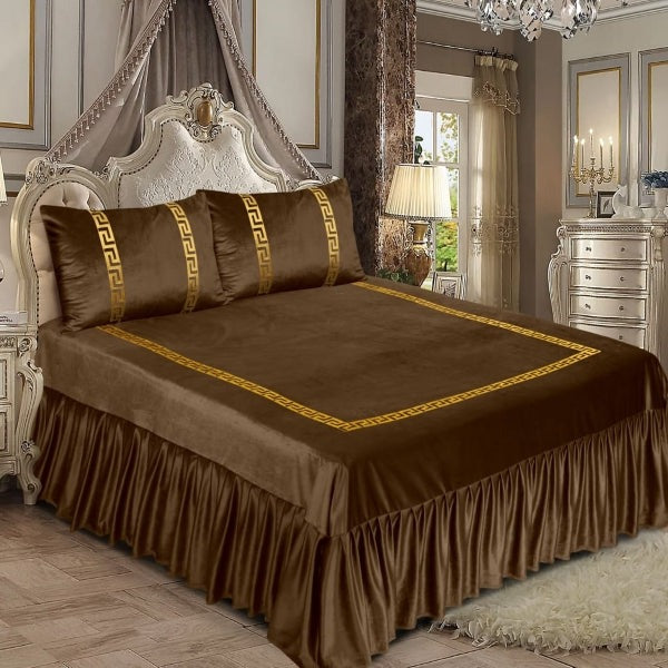 3pcs Luxury Velvet Laser Applique Bedsheet Set - Coffee Brown