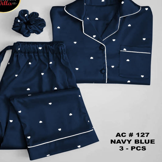 3pcs Silk Night Suit - Navy Blue