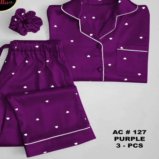 3pcs Silk Night Suit - Purple