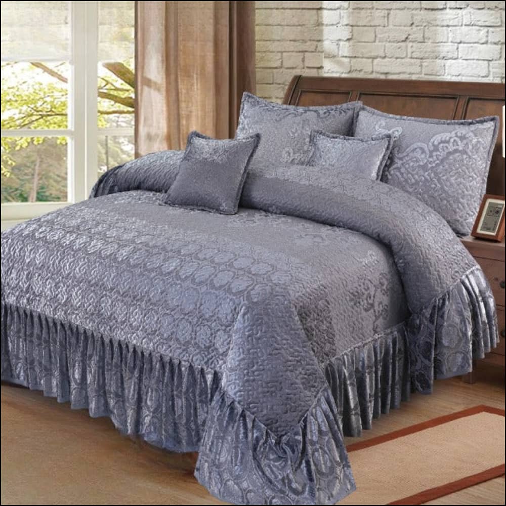 3166-Bridal Fancy Frill Set (Smoke Blue Grey) - 5Pcs Bedsheet Bedding