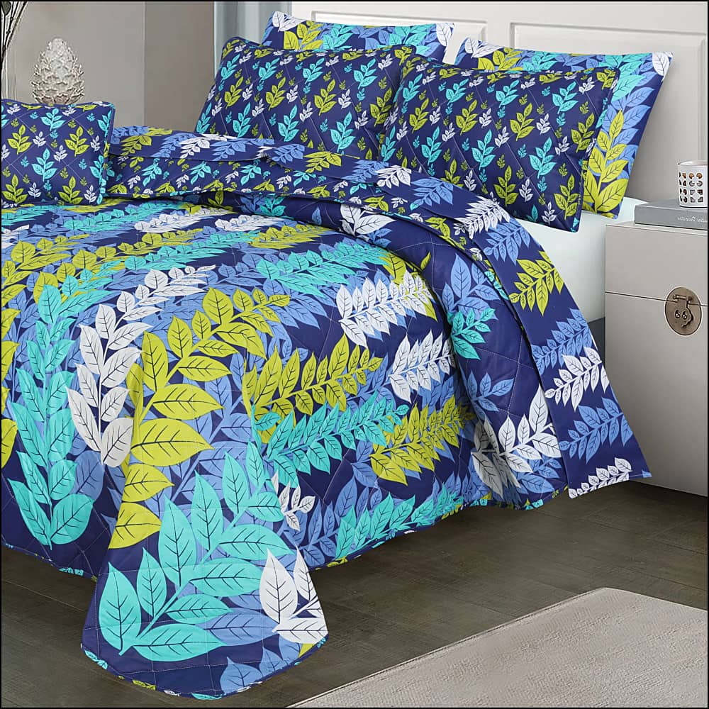 Blue Multi Leaves 7Pcs Comforter Set Bedding