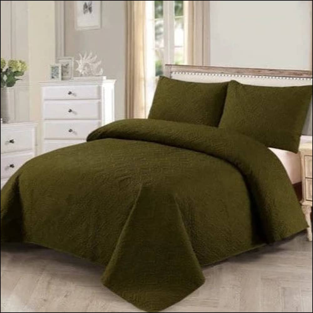 Dark Olive Green - 3Pcs Ultra Soft Silky Ultrasonic Bedspread Bedding